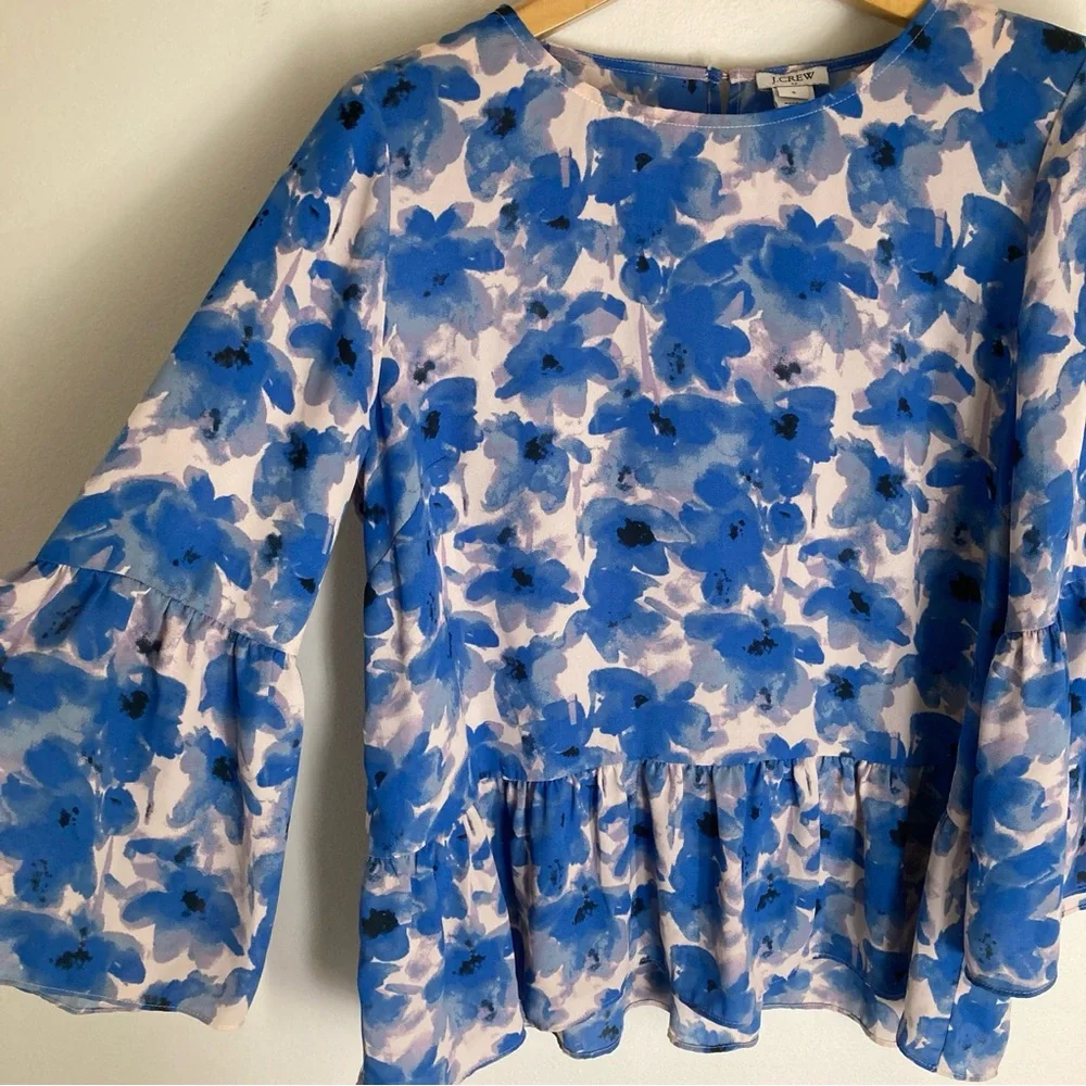 J. Crew Blue & White Floral Peplum Sleeve Blouse